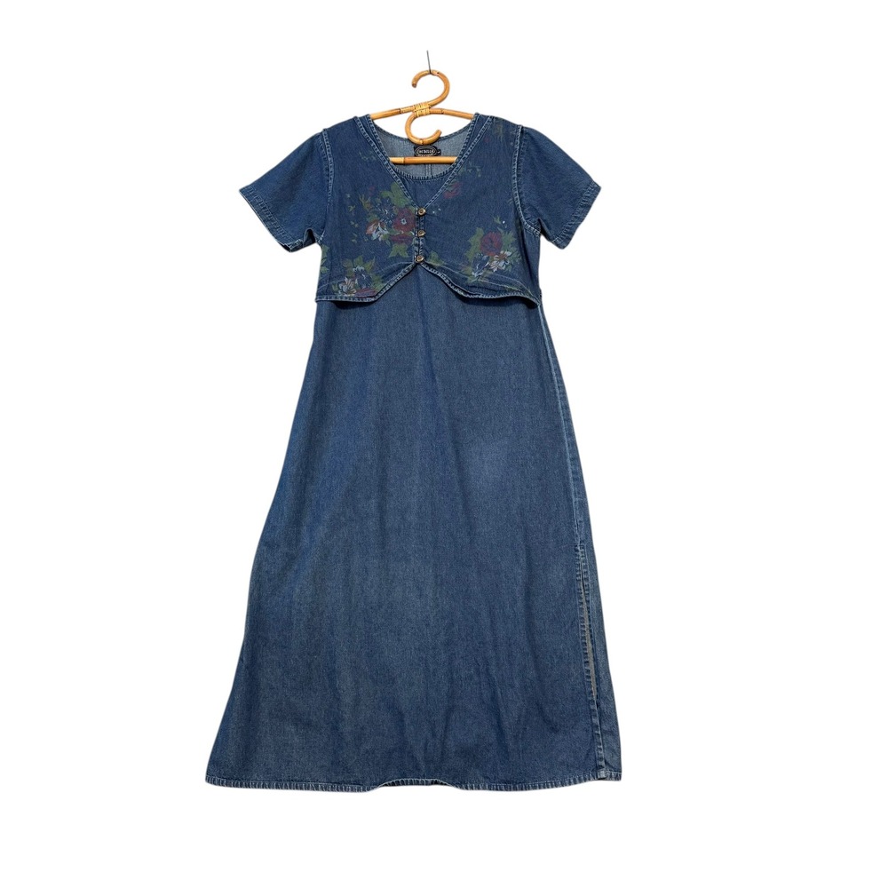 Vintage | Che Bella | Denim Floral Layered Maxi Dress Blue Medium Wash Size L - Picture 2 of 16